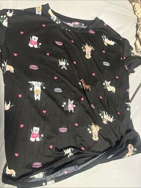 Black Dog Print Tee with Pink Heart Motif